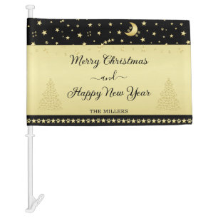 Gold shiny Christmas stars, paws on gold & black Car Flag