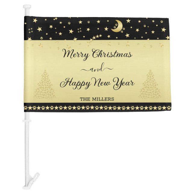Gold shiny Christmas stars, paws on gold & black Car Flag (Front)