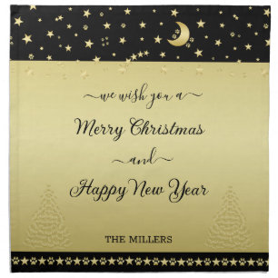 Gold shiny Christmas stars, paws on gold & black Cloth Napkin