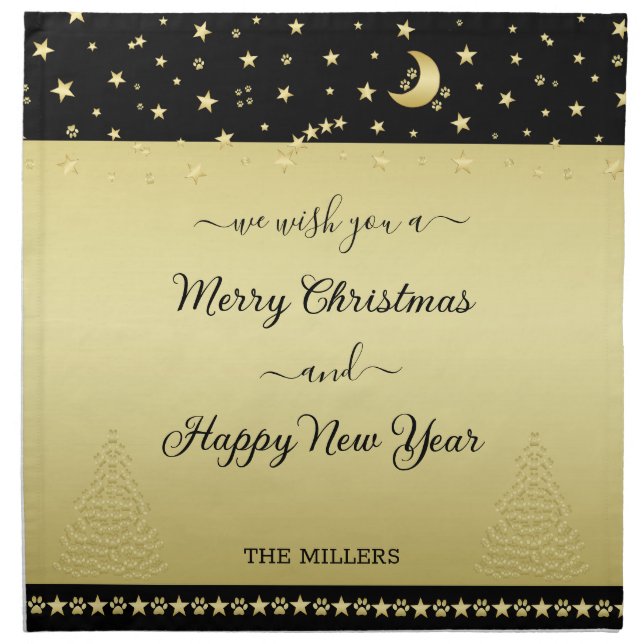 Gold shiny Christmas stars, paws on gold & black Cloth Napkin (Front)