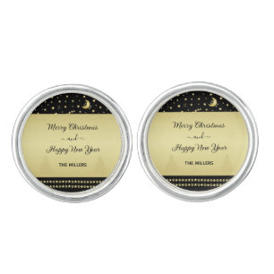 Gold shiny Christmas stars, paws on gold & black Cufflinks