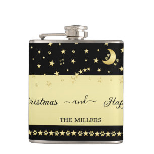 Gold shiny Christmas stars, paws on gold & black Flask
