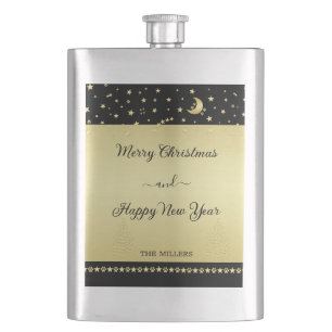 Gold shiny Christmas stars, paws on gold & black Flask