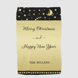 Gold shiny Christmas stars, paws on gold & black Golf Towel