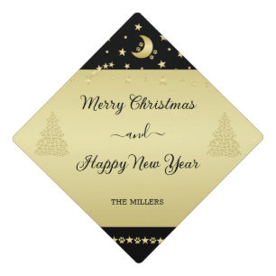 Gold shiny Christmas stars, paws on gold & black Graduation Cap Topper