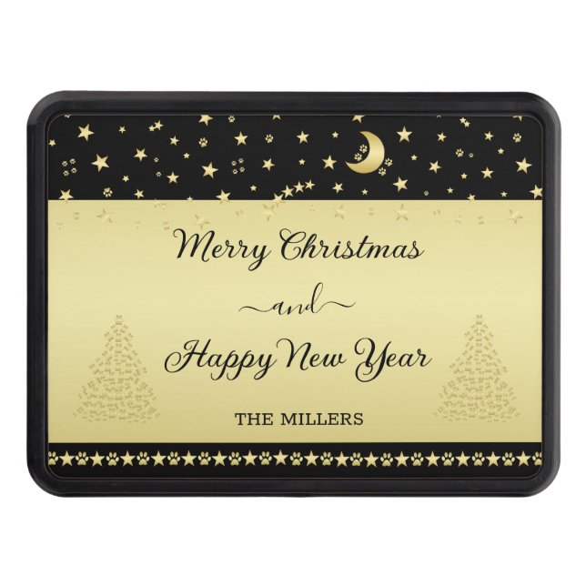 Gold shiny Christmas stars, paws on gold & black Hitch Cover (Front)