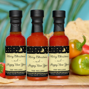 Gold shiny Christmas stars, paws on gold & black Hot Sauces