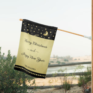 Gold shiny Christmas stars, paws on gold & black House Flag