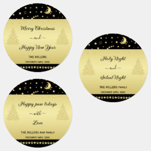 Gold shiny Christmas stars, paws on gold & black Labels