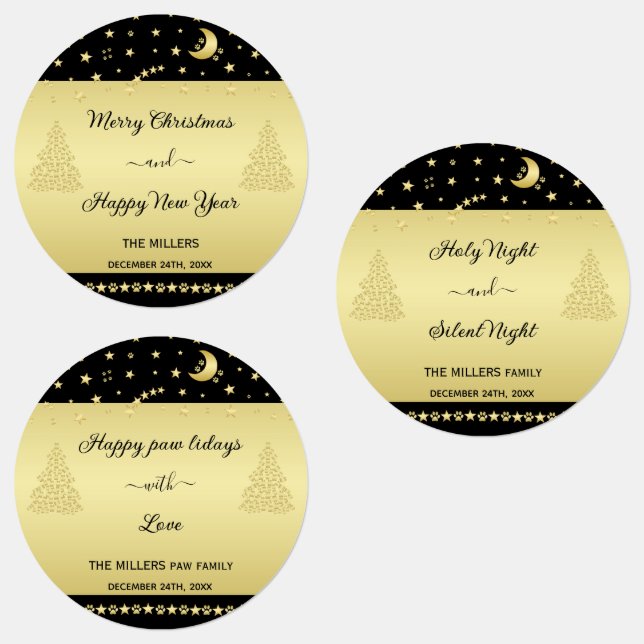 Gold shiny Christmas stars, paws on gold & black Labels (Group)