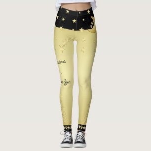 Gold shiny Christmas stars, paws on gold & black Leggings