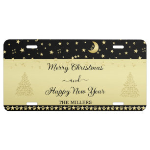 Gold shiny Christmas stars, paws on gold & black License Plate