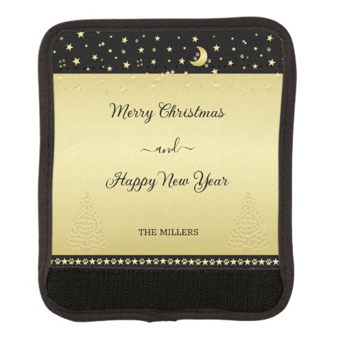 Gold shiny Christmas stars paws on gold  black Luggage Handle Wrap