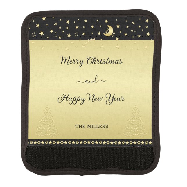 Gold shiny Christmas stars, paws on gold & black Luggage Handle Wrap (Front)