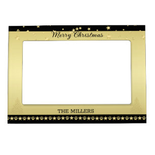 Gold shiny Christmas stars, paws on gold & black Magnetic Frame
