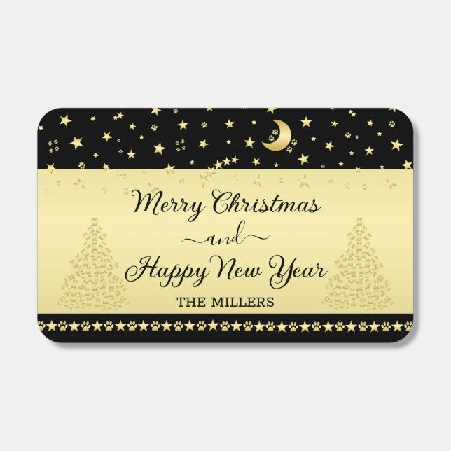 Gold shiny Christmas stars, paws on gold & black Matchboxes (Front)
