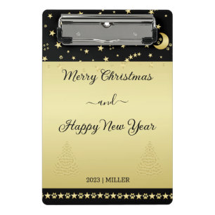 Gold shiny Christmas stars, paws on gold & black Mini Clipboard