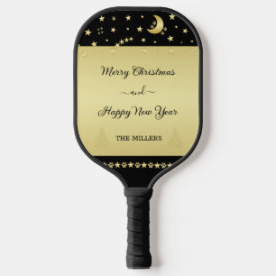 Gold shiny Christmas stars, paws on gold & black Pickleball Paddle