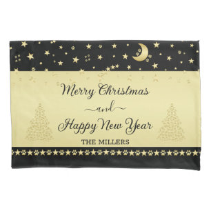 Gold shiny Christmas stars, paws on gold & black Pillow Case