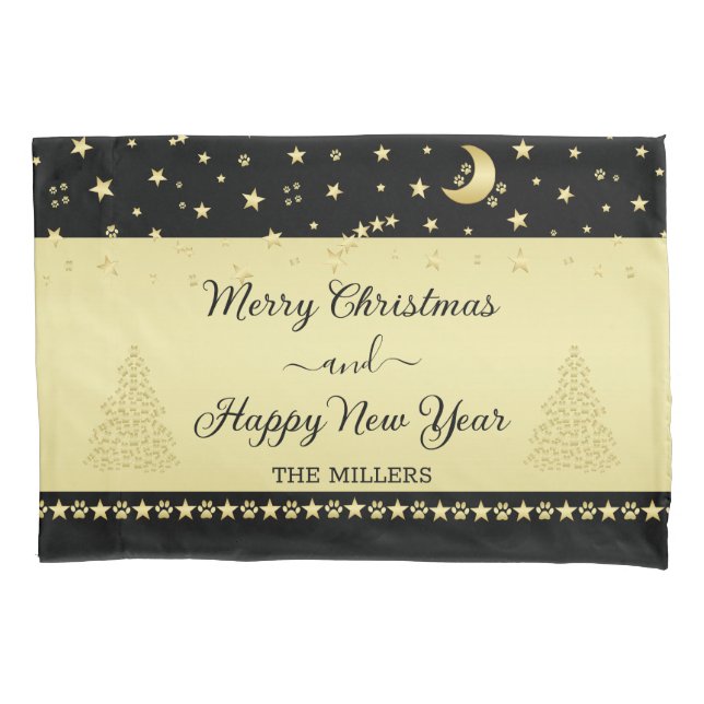 Gold shiny Christmas stars, paws on gold & black Pillow Case (Front)