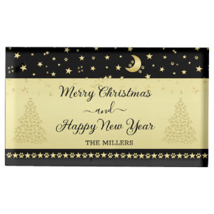Gold shiny Christmas stars, paws on gold & black Place Card Holder