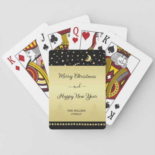 Gold shiny Christmas stars paws on gold  black Playing Cards