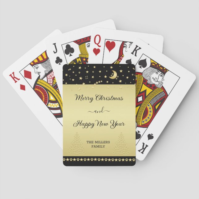 Gold shiny Christmas stars, paws on gold & black Poker Cards (Back)