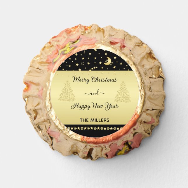 Gold shiny Christmas stars, paws on gold & black Reese's Peanut Butter Cups (Front)
