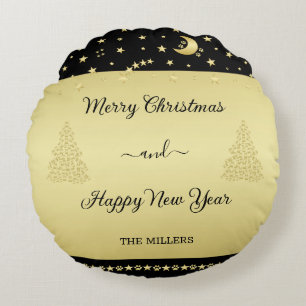 Gold shiny Christmas stars, paws on gold & black Round Pillow