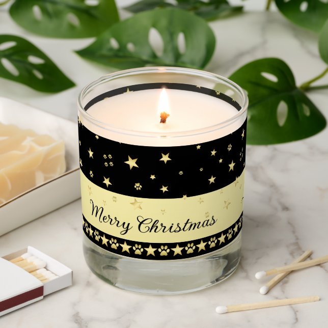 Gold shiny Christmas stars, paws on gold & black Scented Candle (Lit)