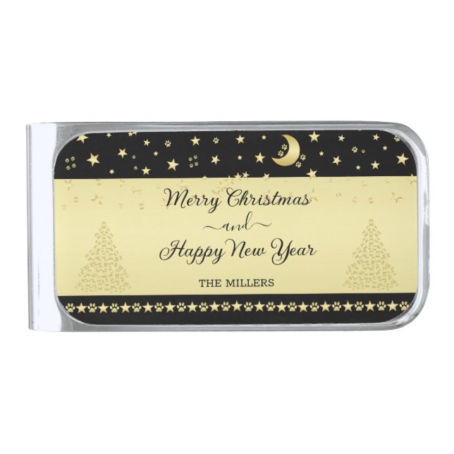 Gold shiny Christmas stars, paws on gold & black Silver Finish Money Clip (Front)