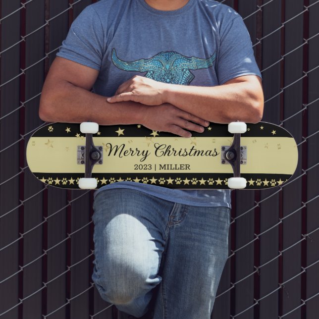 Gold shiny Christmas stars, paws on gold & black Skateboard (Outdoor 3)