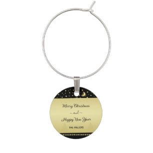 Gold shiny Christmas stars, paws on gold & black Wine Charm