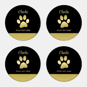  Gold Shiny Dog Paw on black background Coaster Set