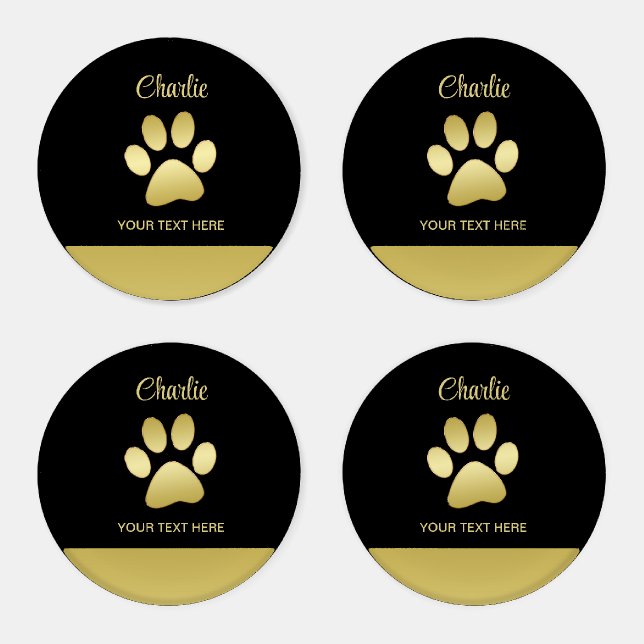  Gold Shiny Dog Paw on black background Coaster Set (Set)