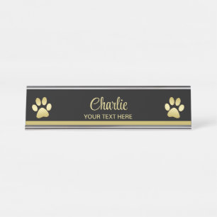 Gold Shiny Dog Paw on black background Desk Name Plate