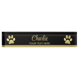 Gold Shiny Dog Paw on black background Desk Name Plate