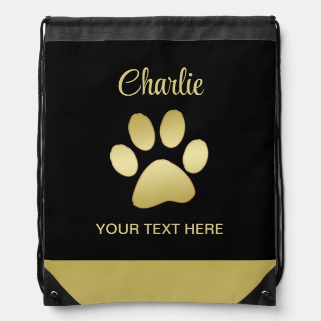  Gold Shiny Dog Paw on black background Drawstring Bag (Front)