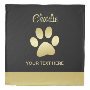  Gold Shiny Dog Paw on black background Duvet Cover