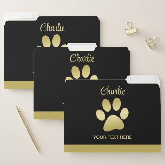  Gold Shiny Dog Paw on black background File Folder (Set)