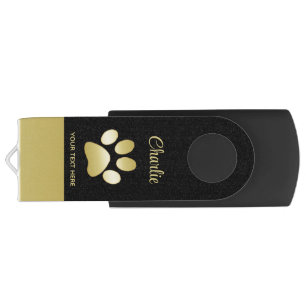  Gold Shiny Dog Paw on black background Flash Drive
