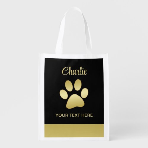  Gold Shiny Dog Paw on black background Grocery Bag