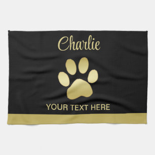  Gold Shiny Dog Paw on black background Kitchen Towel