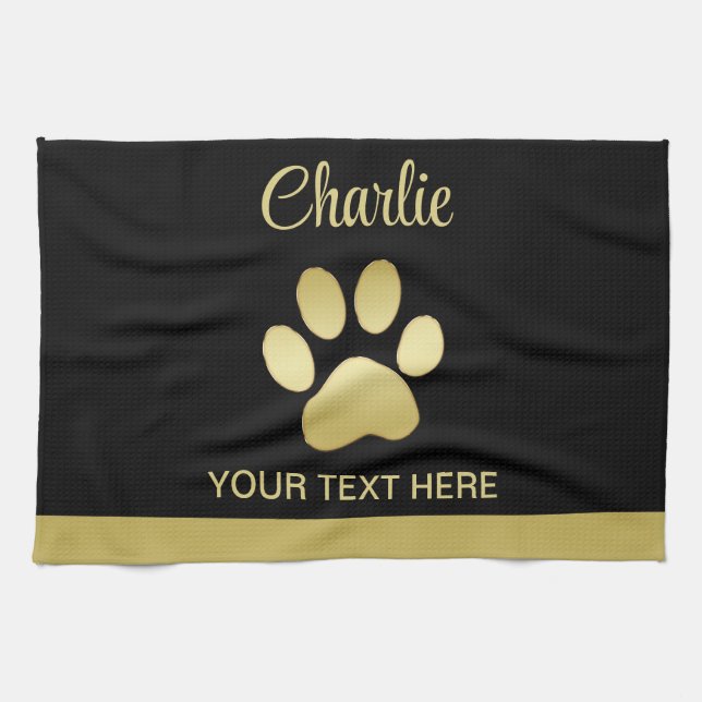  Gold Shiny Dog Paw on black background Kitchen Towel (Horizontal)