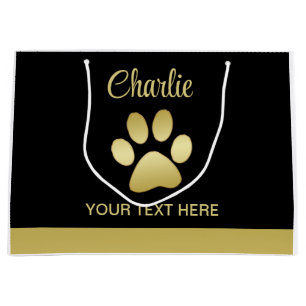 Gold Shiny Dog Paw on black background Large Gift Bag