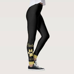 Gold Shiny Dog Paw on black background Leggings