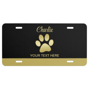 Gold Shiny Dog Paw on black background License Plate