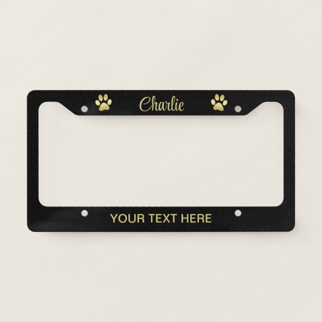  Gold Shiny Dog Paw on black background License Plate Frame (Front)