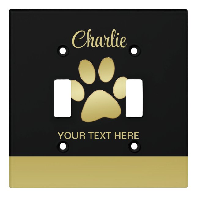  Gold Shiny Dog Paw on black background Light Switch Cover (Front)