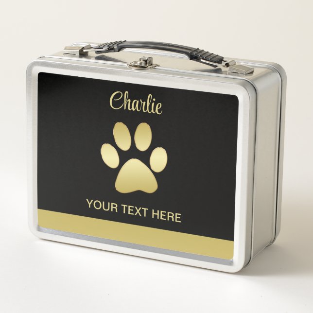  Gold Shiny Dog Paw on black background Metal Lunch Box (Front)